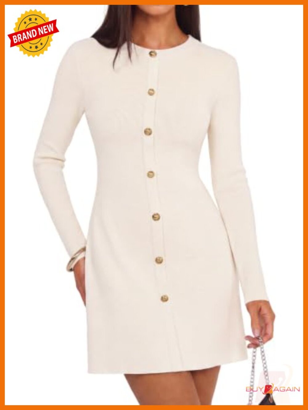 ZESICA Long Sleeve Mini Sweater Dress Crew Neck Button Front Work Office